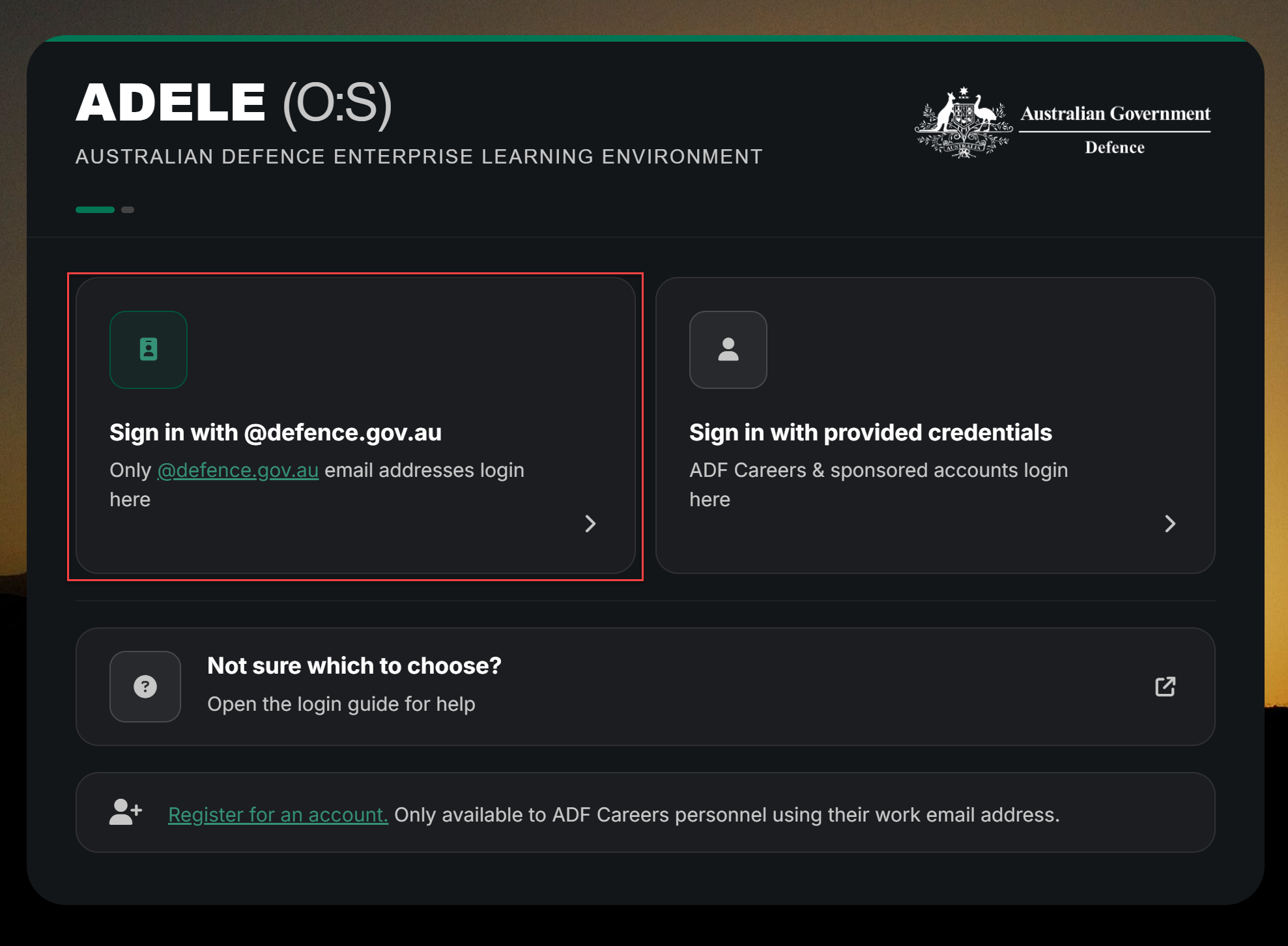 Example image showing the login screen to ADELE with the Defence Identity login pathway highlighted.