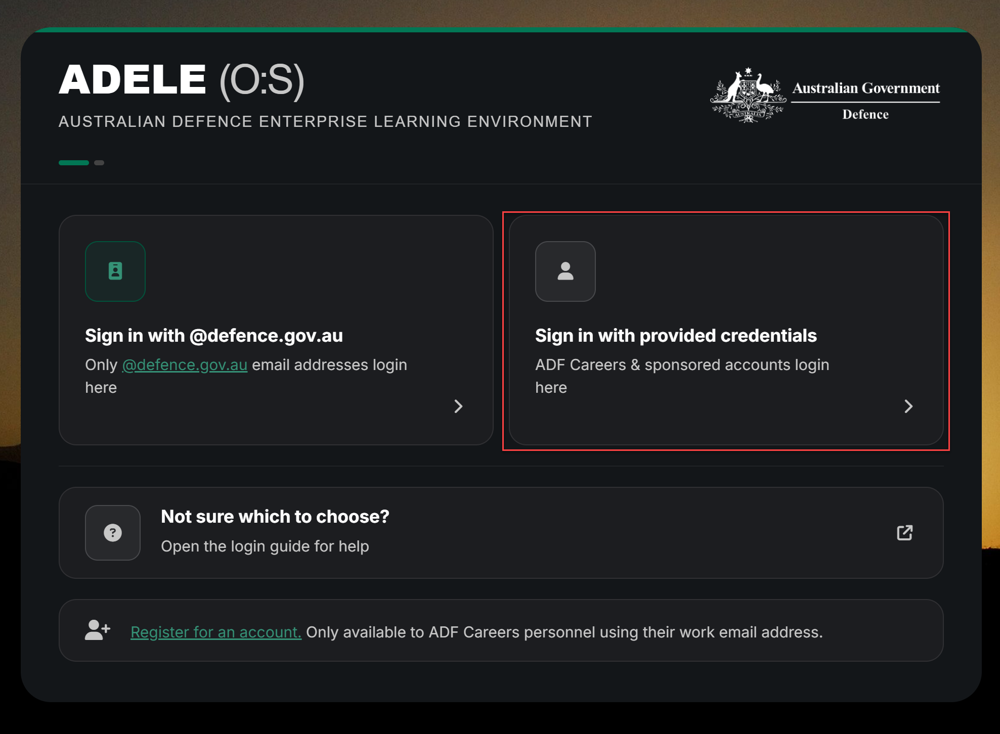Image showing the I cannot login with a DPN Account button for non-Defence users.