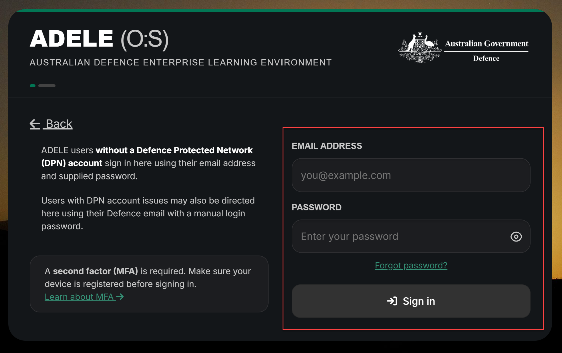 Image showing the login page for non-Defence.gov.au users.